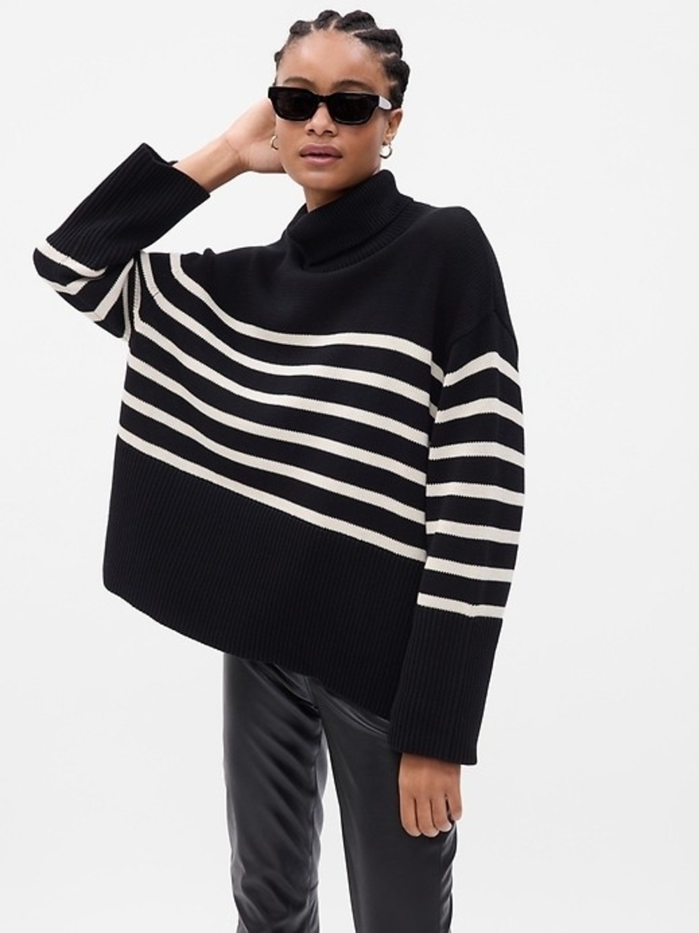 GAP | 24/7 Split Hem Turtleneck Black & Oatmeal Striped Turtleneck Sweater